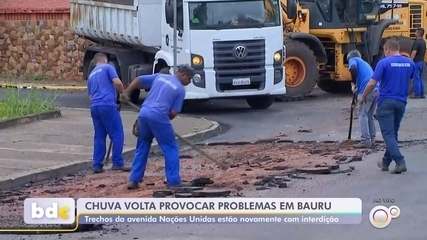 Chuva volta a causar estragos em trechos da Avenida Nações Unidas em Bauru Chuva volta a causar estragos em trechos da Avenida Nações Unidas em Bauru