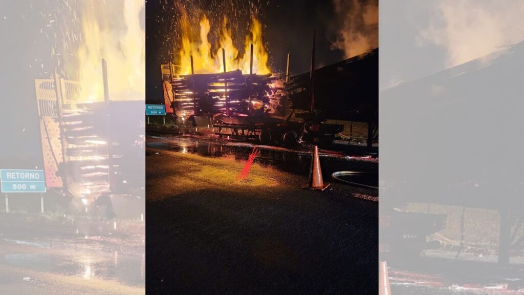 Carreta carregada com 70 toneladas de madeira pega fogo em rodovia de Bauru